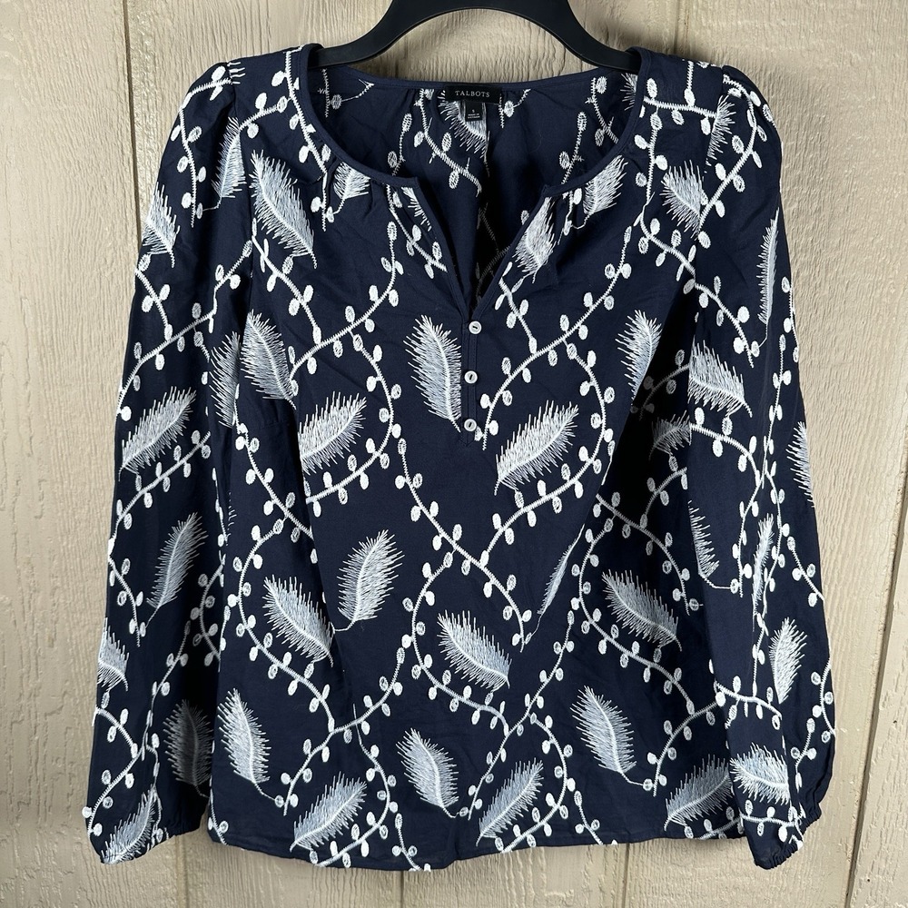 Talbots Popover Blouse Sz Small Navy Feather Leaf Embroidered Cotton Long Sleeve